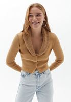Bayan Bej Kürk Yakalı Crop Triko Hırka