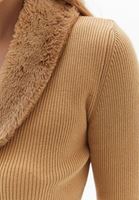 Bayan Bej Kürk Yakalı Crop Triko Hırka