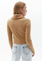 Bayan Bej Kürk Yakalı Crop Triko Hırka