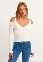 Bayan Krem V-Neck Triko Kazak