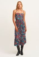 Bayan Çok Renkli Volan Detaylı Desenli Midi Elbise