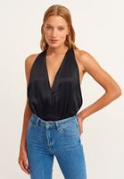 Bayan Siyah Kruvaze Yaka Bodysuit