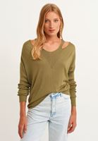 Bayan Yeşil V Yaka Cut Out Detaylı Kazak