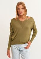 Bayan Yeşil V Yaka Cut Out Detaylı Kazak