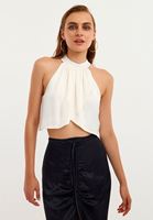 Bayan Krem Halter Yaka Crop Bluz