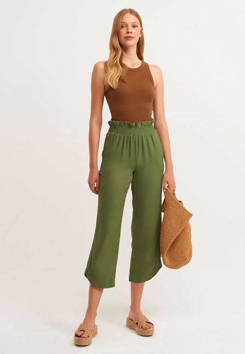 Yeşil Beli Lastikli Bol Pantolon