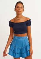 Bayan Lacivert Fırfır Detaylı Crop Top