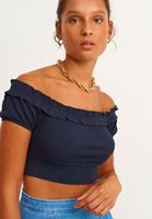 Bayan Lacivert Fırfır Detaylı Crop Top