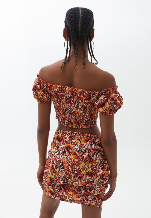 Floral Desenli Mini Etek ve Bluz Kombini