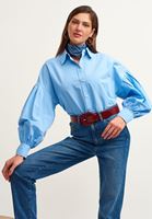 Bayan Mavi Balon Kollu Pileli Poplin Gömlek