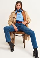 Bayan Mavi Balon Kollu Pileli Poplin Gömlek