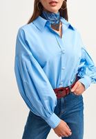 Bayan Mavi Balon Kollu Pileli Poplin Gömlek