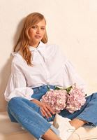 Bayan Beyaz Balon Kollu Pileli Poplin Gömlek