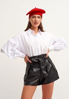 Bayan Beyaz Balon Kollu Pileli Poplin Gömlek