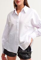 Bayan Beyaz Balon Kollu Pileli Poplin Gömlek