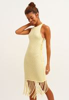 Bayan Sarı Püsküllü ve Ajurlu Mini Elbise