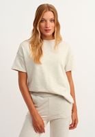 Bayan Açık Gri Pamuklu ve Yırtmaç Detaylı Sweat Tişört