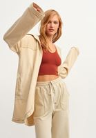 Bayan Bej Loose-Fit Kapüşonlu Sweat Ceket