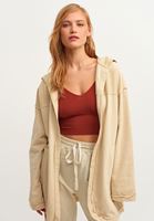 Bayan Bej Loose-Fit Kapüşonlu Sweat Ceket
