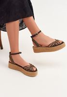 Bayan Siyah Platform Topuklu Hasır Sandalet