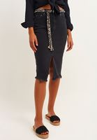 Bayan Gri Kemerli Denim Midi Etek