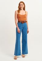 Bayan Turuncu Toka ve Gipe Detaylı Crop Triko Top