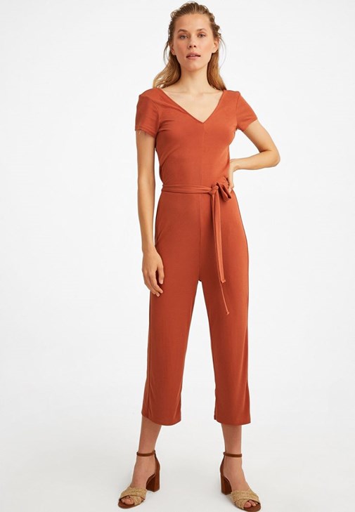 Kahverengi V -Neck Yumuşak Dokulu Tulum