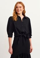 Bayan Siyah Romantik Balon Kollu Crop Gömlek