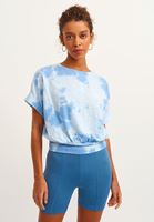 Bayan Mavi Batik Desenli Crop Tişört