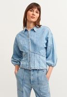 Bayan Mavi Pamuklu Denim Crop Bluz