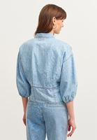 Bayan Mavi Pamuklu Denim Crop Bluz