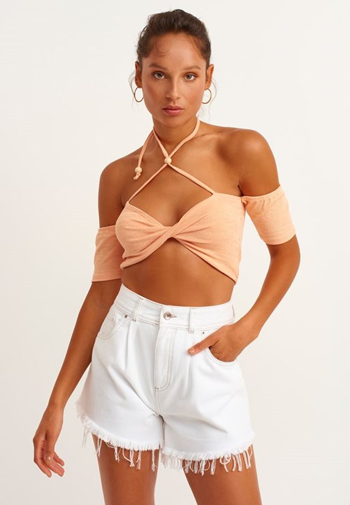 Turuncu Omzu Açık Crop Bluz