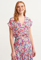 Bayan Çok Renkli Floral Desenli Crop Bluz