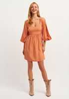 Bayan Turuncu Balon Kollu Mini Elbise 
