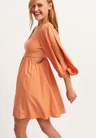 Bayan Turuncu Balon Kollu Mini Elbise 
