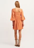 Bayan Turuncu Balon Kollu Mini Elbise 