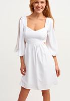 Bayan Beyaz Balon Kollu Mini Elbise 