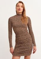 Bayan Çok Renkli Büzgülü High-Neck Mini Elbise