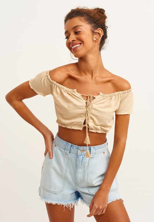 Kum Beji Bağcıklı Crop Tank Top