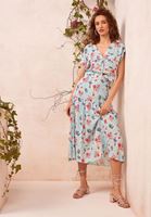 Bayan Gök Mavisi Floral Desenli Midi Etek