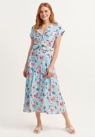 Bayan Gök Mavisi Floral Desenli Midi Etek