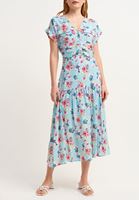 Bayan Gök Mavisi Floral Desenli Midi Etek