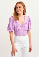 Bayan Mor Fırfırlı V-Neck Crop Bluz
