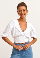 Bayan Beyaz Fırfırlı V-Neck Crop Bluz