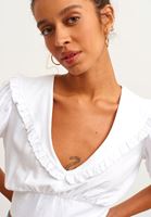 Bayan Beyaz Fırfırlı V-Neck Crop Bluz