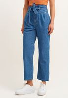 Bayan Mavi Kuşaklı Baggy-Fit Denim Pantolon