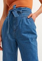 Bayan Mavi Kuşaklı Baggy-Fit Denim Pantolon