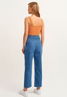 Bayan Mavi Kuşaklı Baggy-Fit Denim Pantolon