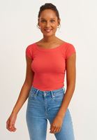 Bayan Kırmızı Pamuklu Esnek Dokulu Tişört