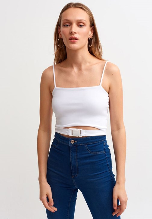 Toka Detaylı Crop Top Ve Denim Pantolon Kombini